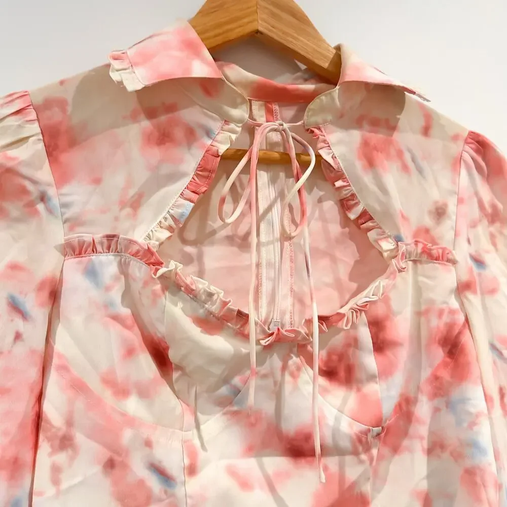 CIDER Watercolor Floral Cropped Blouse Ruffle Tie Neck Long Sleeve Small - Picture 2 of 4